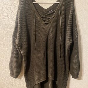 Fashion Nova Olive Green Knit Sweater – Oversized Lace-Up V-Neck | Size L